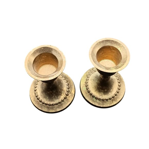 Vintage Brass Candlestick Holders Pair Decorative Beaded Rim Antique Style Home - Picture 3 of 4